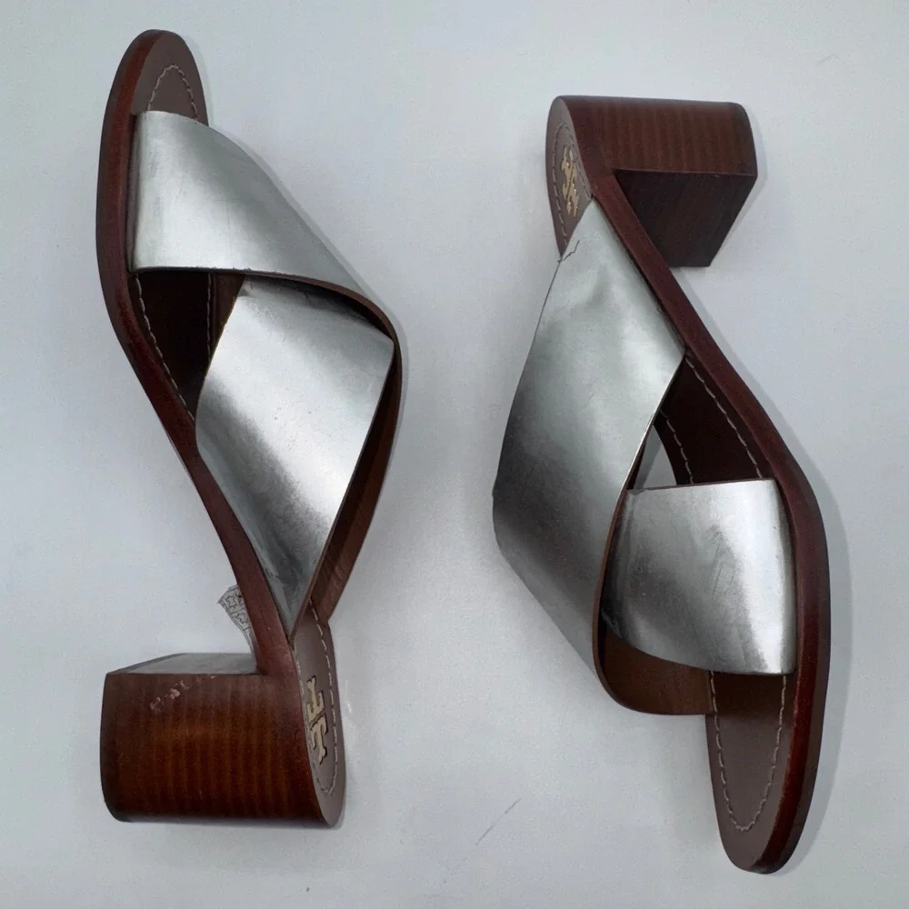 Tory Burch Heels Silver‎ Metallic Montrose Stacked Block Heel Slide Sandals 9.5